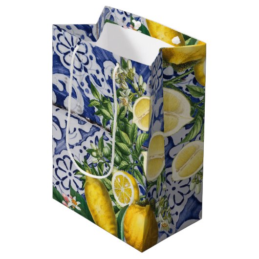 Mediterrane Lemons Summer Portugese Tegels Medium Cadeauzakje (Voorkant Gekanteld)