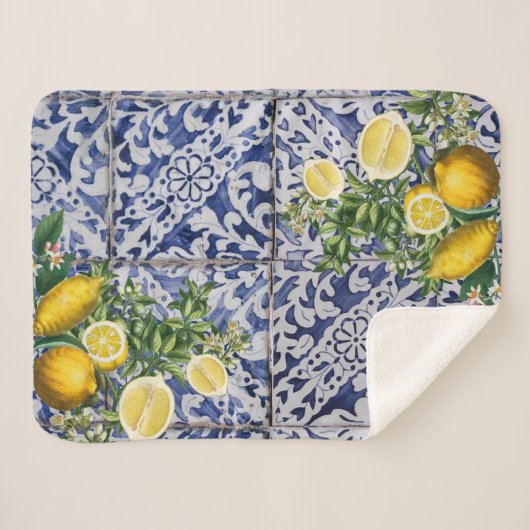 Mediterrane Lemons Summer Portugese Tegels Sherpa Deken (Voorkant (horizontaal))
