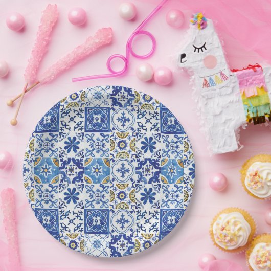 Mediterrane Mosaïsche Tegels Blauwe Birthday Party Papieren Bordje (Feest)