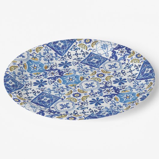 Mediterrane Mosaïsche Tegels Blauwe Birthday Party Papieren Bordje (Gekanteld)