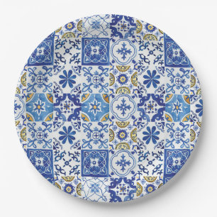 Mediterrane Mosaïsche Tegels Blauwe Birthday Party Papieren Bordje