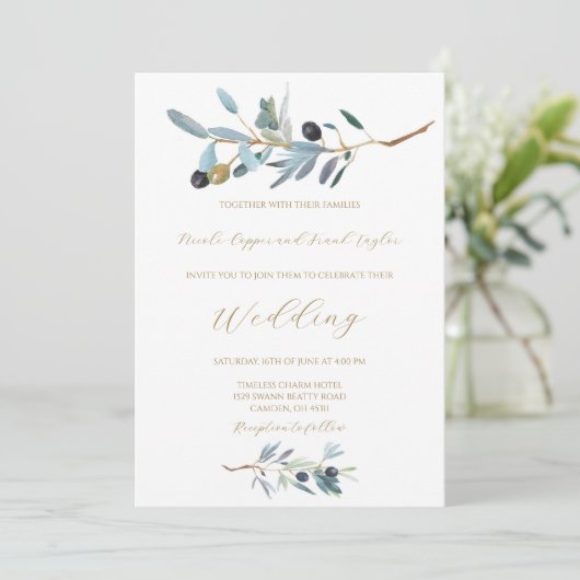 Mediterrane Olijf bruiloft uitnodiging (Staand voorkant)