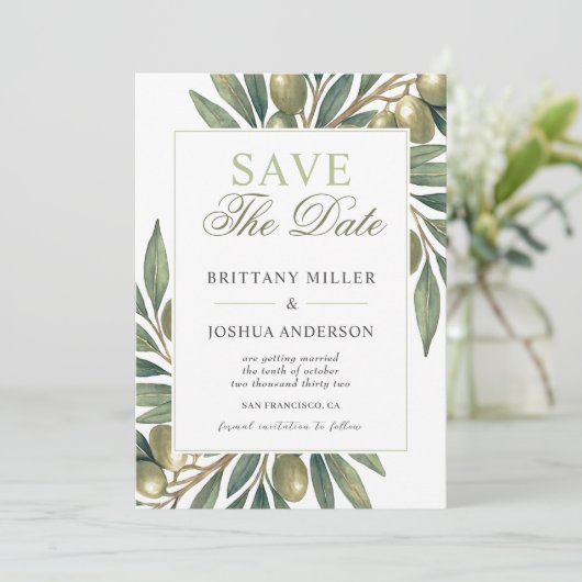 Mediterrane Olijftak Foto bruiloft Save The Date (Staand voorkant)