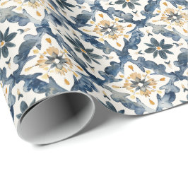 Mediterrane Omslagpapier met Tegels, Blauw en Goud Cadeaupapier