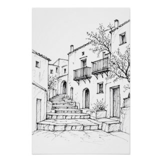 Mediterrane Oude stad Pen Kunst Perfect Poster