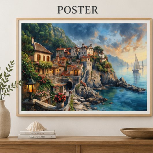 Mediterrane Poster van een Dorp aan Zee