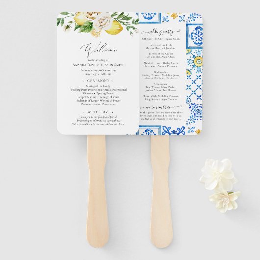 Mediterrane programma Citrus Wedding Ceremony Handwaaier (Voorkant en achterkant)