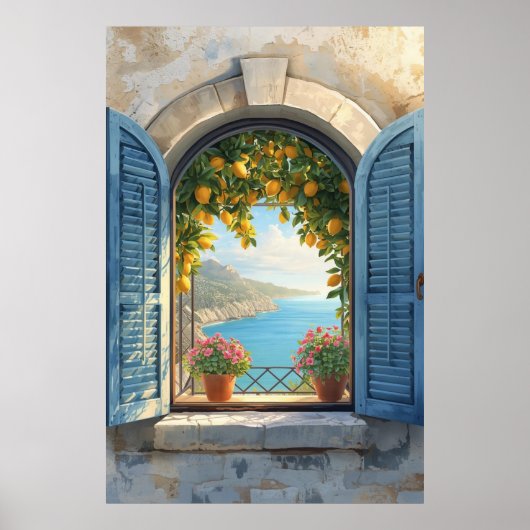 Mediterrane raam uitzicht frame Kust Citroen Balko Poster (Voorkant)