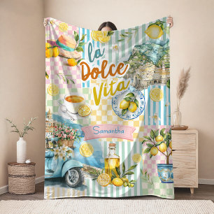 Mediterrane roze turquoise citrus collage fleece deken