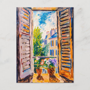 Mediterrane stadsgezicht door open terrasdeur briefkaart
