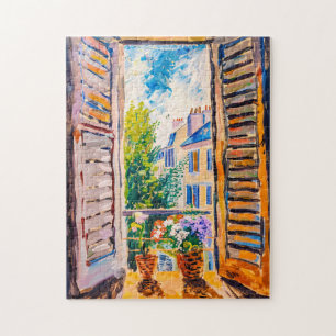 Mediterrane stadsgezicht door open terrasdeur legpuzzel