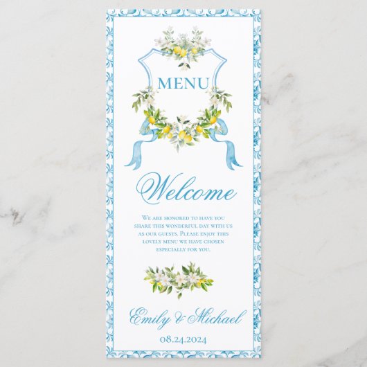 Mediterrane stijl Crest Bruiloft Flat Menu (Voorkant)
