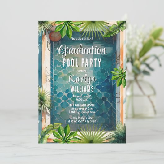 Mediterrane stijl Zomer Afstuderen Pool Party Kaart (Staand voorkant)