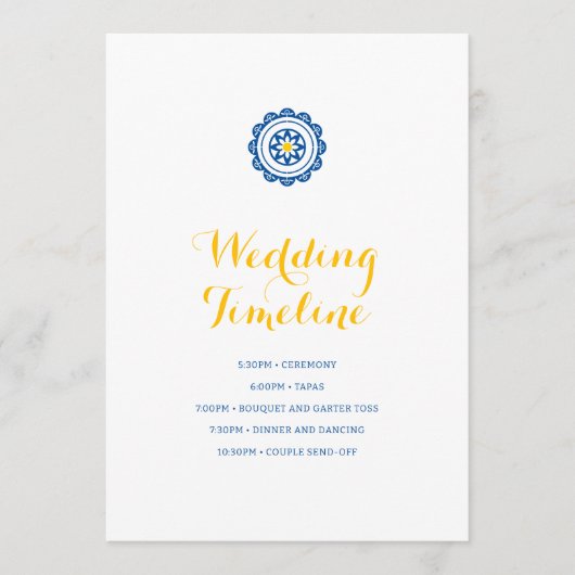 Mediterrane Tegel Blauw Geel Trouwtijdlijn Programmakaart (Voorkant)