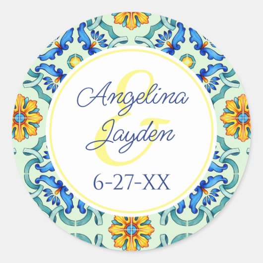 Mediterrane Tegel Blauwe en Gele Zomerbruiloft Ronde Sticker (Voorkant)