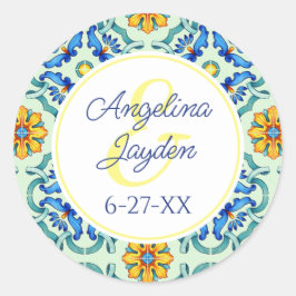 Mediterrane Tegel Blauwe en Gele Zomerbruiloft Ronde Sticker
