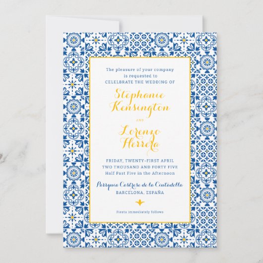 Mediterrane Tegel geel blauw bruiloft Kaart (Voorkant)