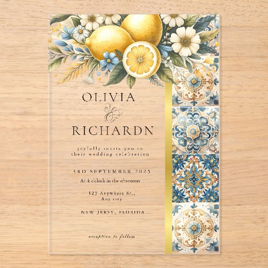 Mediterrane Tegel Italiaans Positano Citroen Acryl Uitnodigingen (Voorkant)