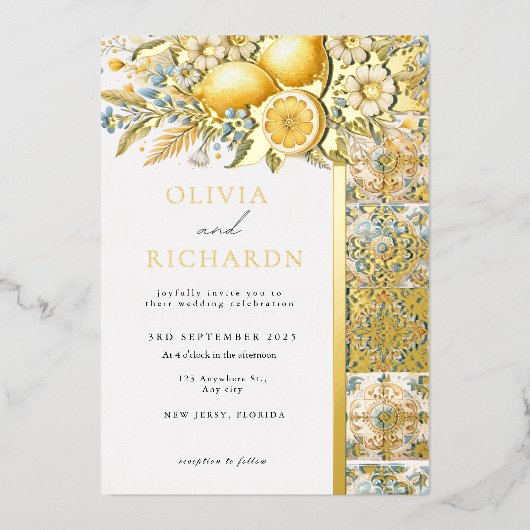 Mediterrane Tegel Italiaans Positano Citroen Folie Uitnodiging (Voorkant)