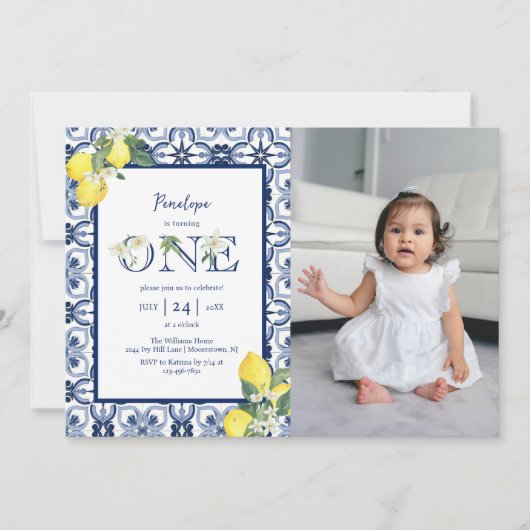 Mediterrane Tegel Lemon Baby Girl eerste verjaarda Kaart (Voorkant)