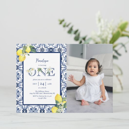 Mediterrane Tegel Lemon Baby Girl eerste verjaarda Kaart (Staand voorkant)