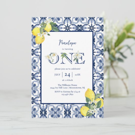 Mediterrane Tegel Lemon Baby Girl eerste verjaarda Kaart (Staand voorkant)