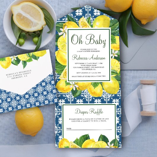 Mediterrane Tegel Lemon Orchard Baby shower All In One Uitnodiging