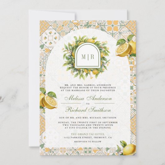 Mediterrane Tegel Lemon QR Code Foto bruiloft Kaart (Voorkant)