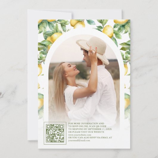Mediterrane Tegel Lemon QR Code Foto bruiloft Kaart (Achterkant)