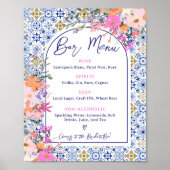 Mediterrane Tegel Roze Bloemen Bar Menu Poster (Voorkant)