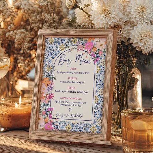 Mediterrane Tegel Roze Bloemen Bar Menu Poster
