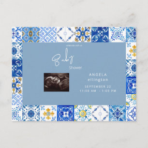 Mediterrane Tegel Ultrasound Blue Baby shower Uitnodiging Briefkaart