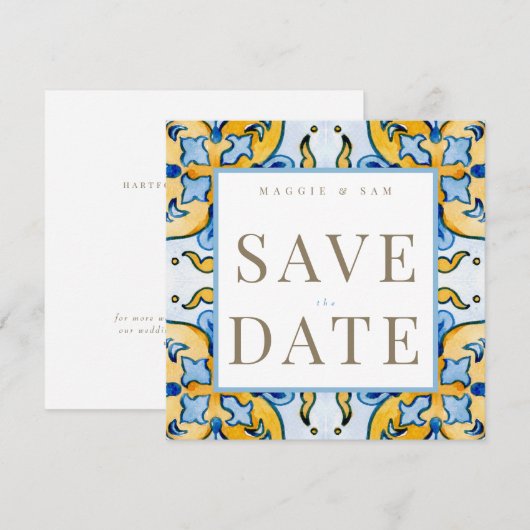 Mediterrane Tegel Vierkante Bruiloft Save the Date (Voorkant / Achterkant)