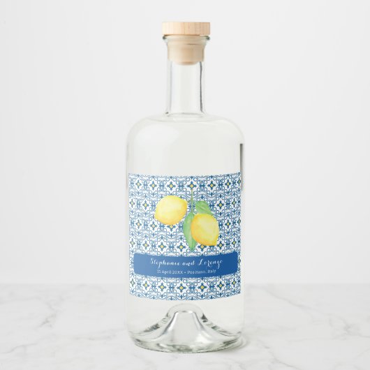 Mediterrane Tegel Waterverf Citroen Huwelijksgunst Likeurfles Etiket (Voorkant)