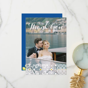 Mediterrane Tegel Waterverf Citroenen Blauw Huweli Bedankkaart