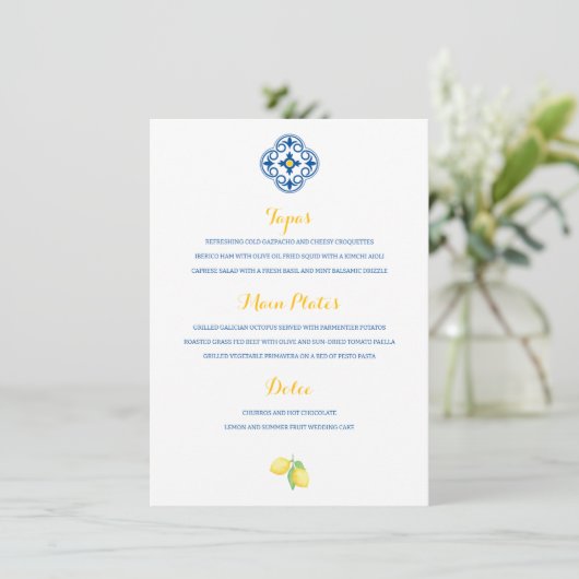 Mediterrane Tegel Waterverf Lemon Wedding Menu (Staand voorkant)