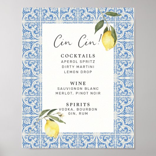 Mediterrane Tegels Amalfi Capri Bar Menu Poster (Voorkant)