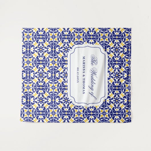 Mediterrane Tegels Blauw & geel bruiloft achtergro Wandkleed (Voorkant (horizontaal))