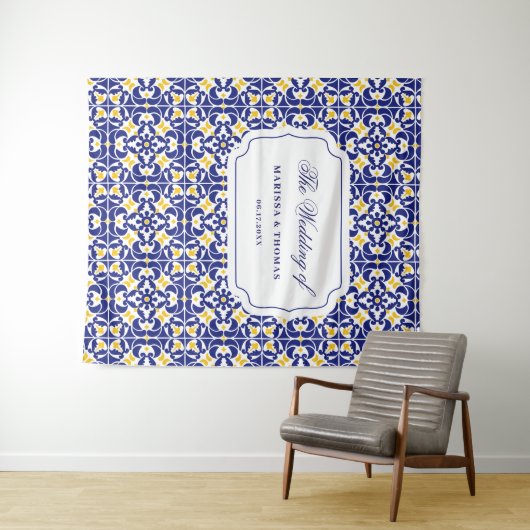 Mediterrane Tegels Blauw & geel bruiloft achtergro Wandkleed (In Situ (horizontaal))