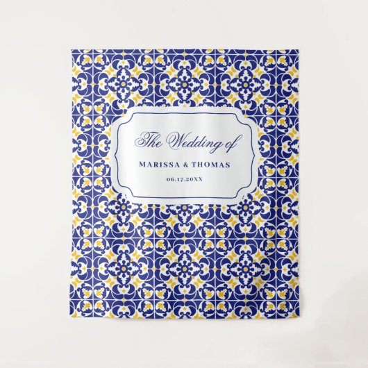 Mediterrane Tegels Blauw & geel bruiloft achtergro Wandkleed (Voorkant)