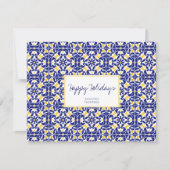 Mediterrane Tegels Blauw & Geel Patroon Feestdagenkaart (Voorkant)