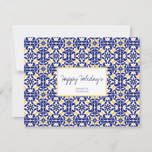 Mediterrane Tegels Blauw & Geel Patroon Feestdagenkaart (Voorkant)