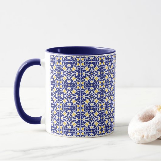 Mediterrane Tegels Blauw & Geel Patroon Mok (Met donut)