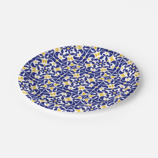 Mediterrane Tegels Blauw & Geel Patroon Papieren Bordje (Gekanteld)