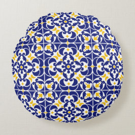 Mediterrane Tegels Blauw & Geel Patroon Rond Kussen