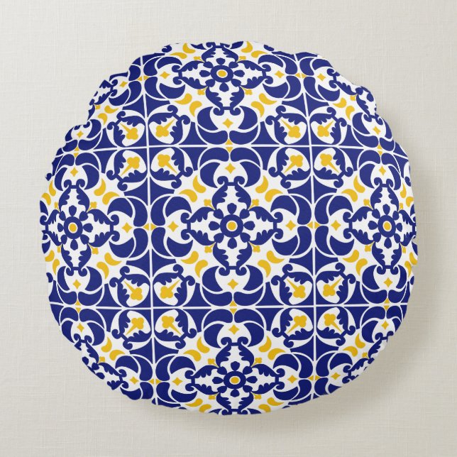 Mediterrane Tegels Blauw & Geel Patroon Rond Kussen (Voorkant)