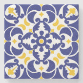 Mediterrane Tegels Blauw & Geel Patroon Stenen Onderzetter (Voorkant)