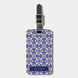 Mediterrane Tegels Blauw & Geel Patroonnaam Bagagelabel