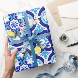 Mediterrane tegels, blauwe tegels, citroen, cadeaupapier