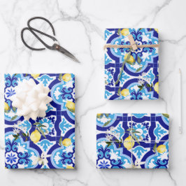 Mediterrane tegels, blauwe tegels, citroen, inpakpapier vel